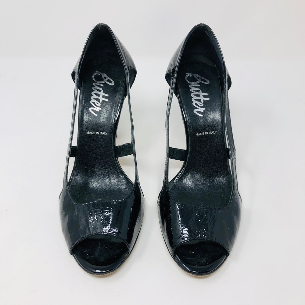 BUTTER crinkled black patent leather heels, made in Italy, size 8